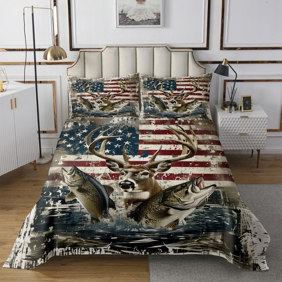 jejeloiu Rustic Forest Deer Bear Bedspread 2 Pieces Twin Size Cabin Farmhouse Country Lodge Coverlet Set Soft Cozy Deer Bear Hunting Lightweight Quilted Coverlet for All Season with 1 Pillowcase