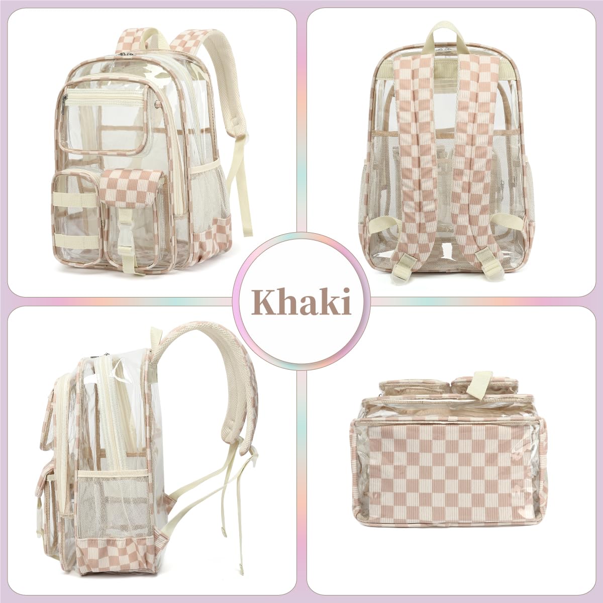 Zaino trasparente per ragazzi e ragazze, resistente, in PVC trasparente, per scuola, viaggi, lavoro e uso quotidiano, Khaki a scacchi
