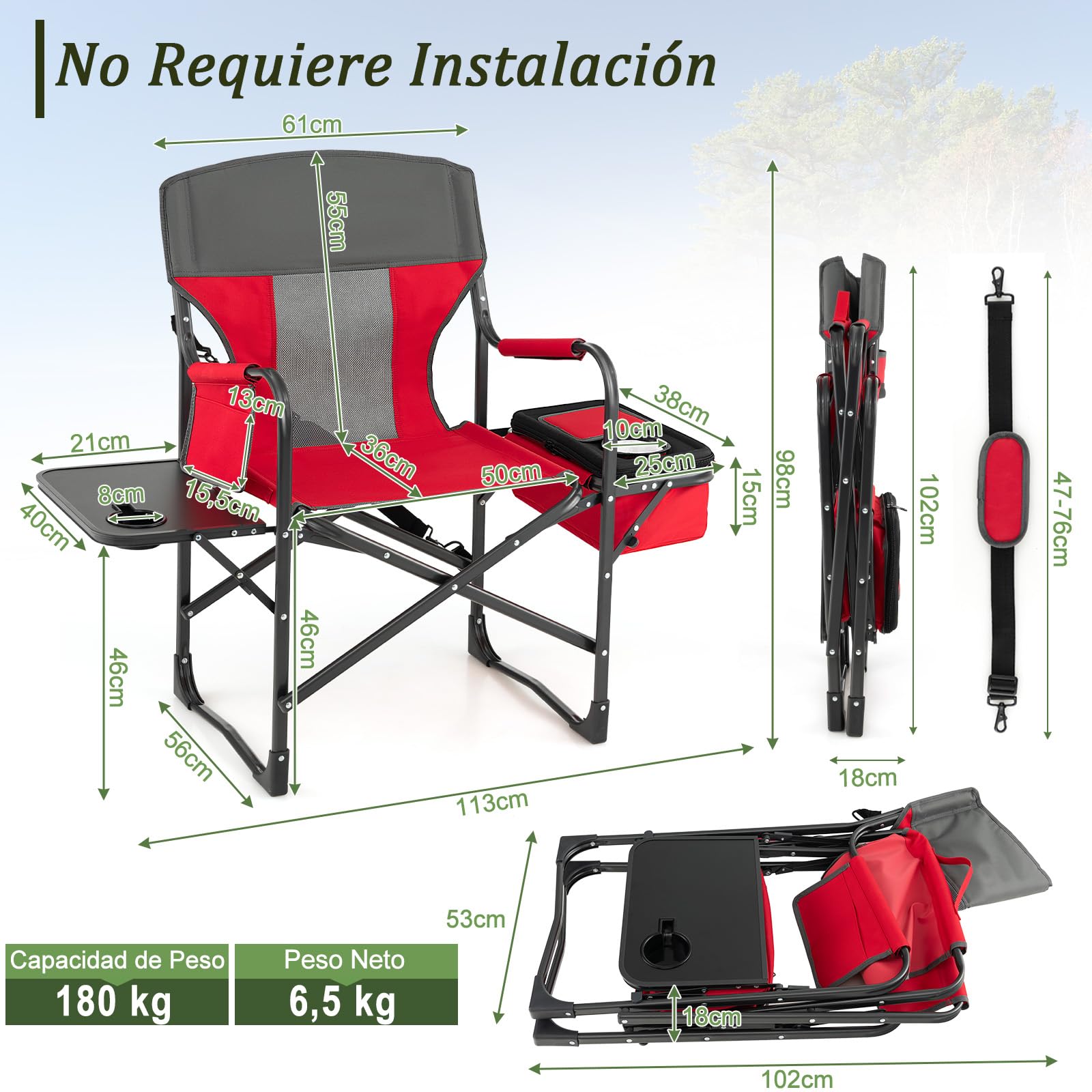 GOPLUS Silla Alta de Director, Silla Plegable para Maquillaje con Mesa Lateral, Portavasos, Bolsillo de Almacenaje, Bolsa de Malla y Reposapiés, Carga150 kg, Ligera para Camping (Rojo+Gris)