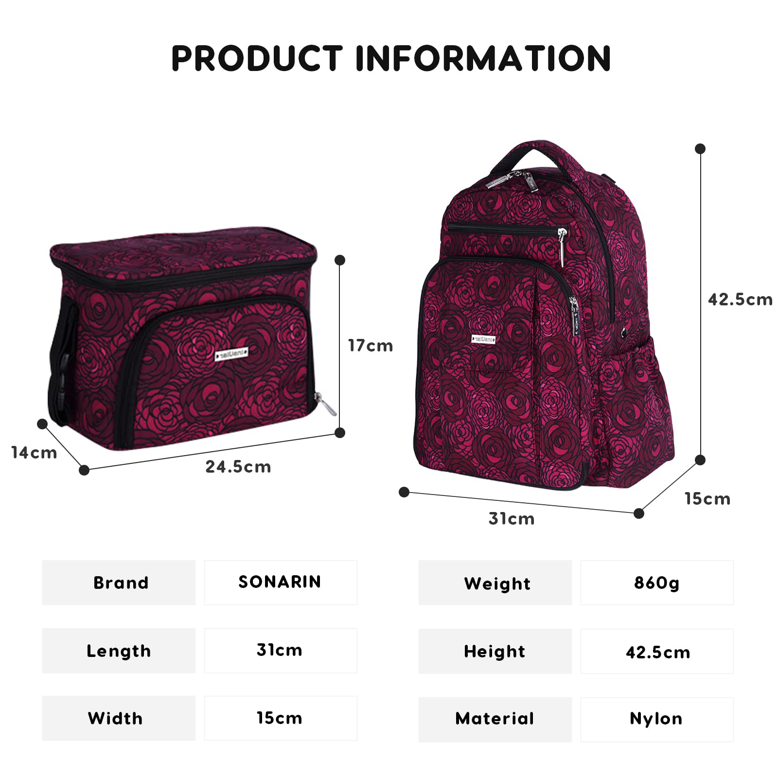 SONARIN Zaino Fasciatoio con Borsa Passeggino,Grande Capacità Borsa per Pannolini Impermeabile Zaino Mamma Neonato Borsa Fasciatoio da Viaggio con Fasciatoio & Ganci per Passeggino