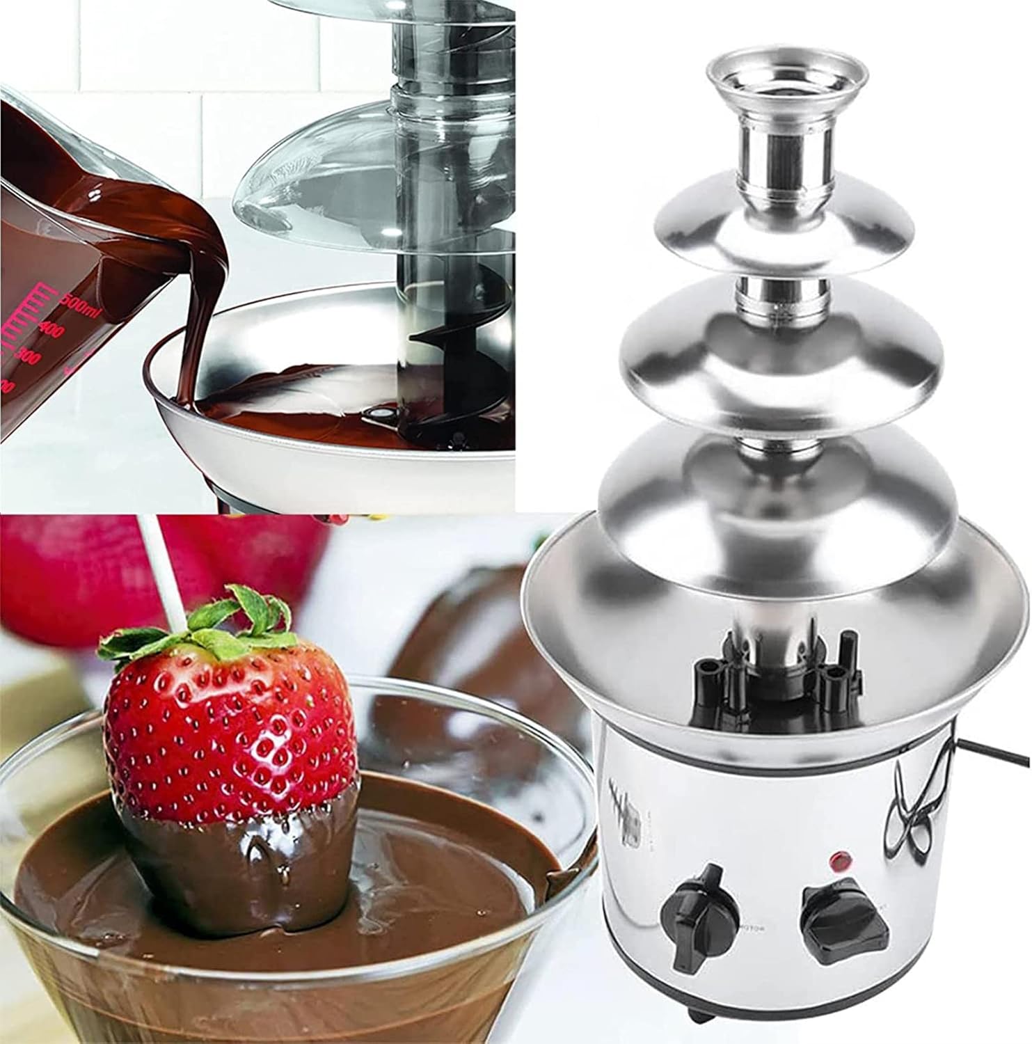 4 Tiers Chocolate Fountain, Stainless Steel/Choc Fondue Fountain, Buffet Heater Machine, 1.8kg Capacity, Easy to Assemble