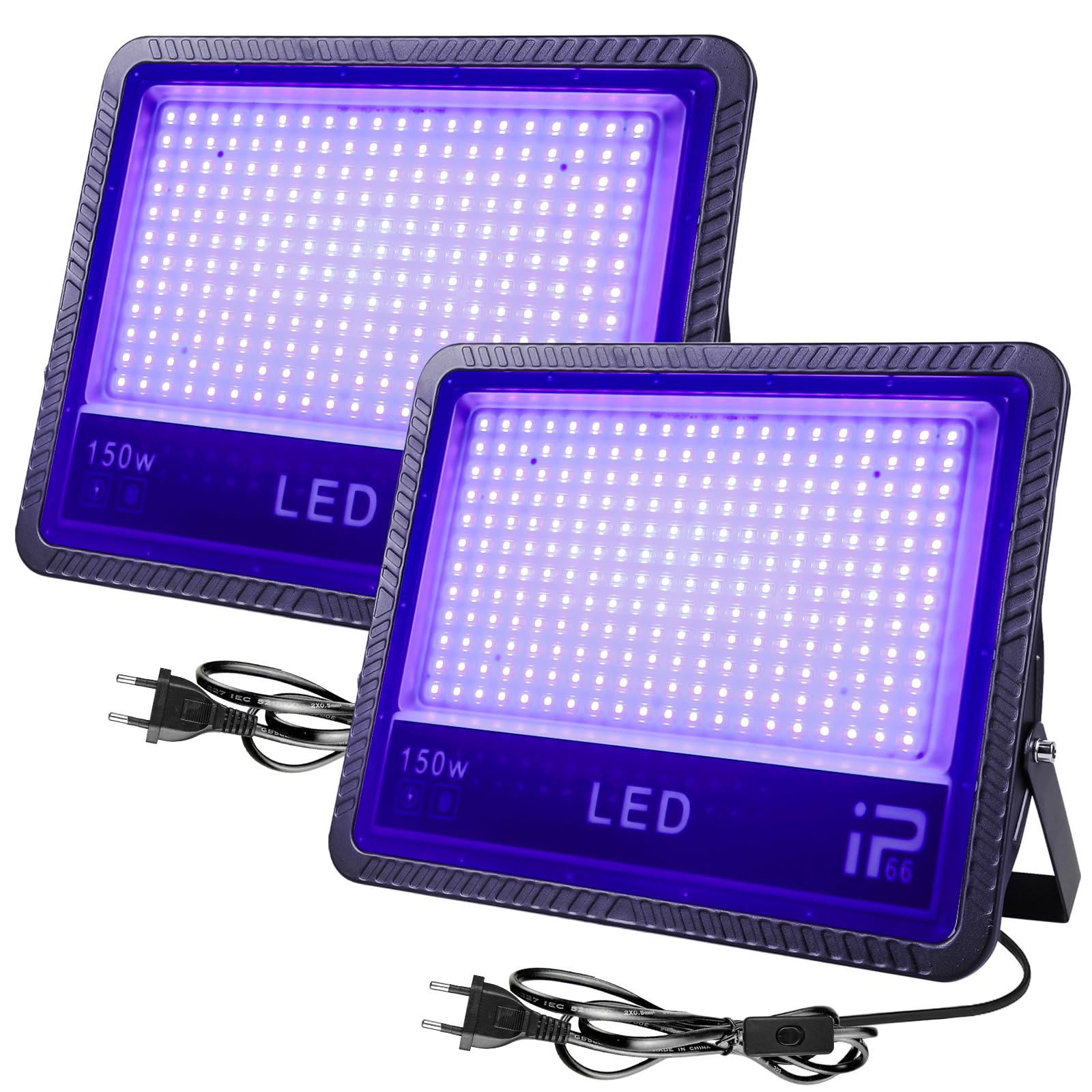 Luce UV nera: 2 luci LED da 150 W, IP66, impermeabili, 385 – 400 NM, luce nera, per feste, eventi all'aperto, feste di colore nero, feste (230 x 170 x 28 mm)
