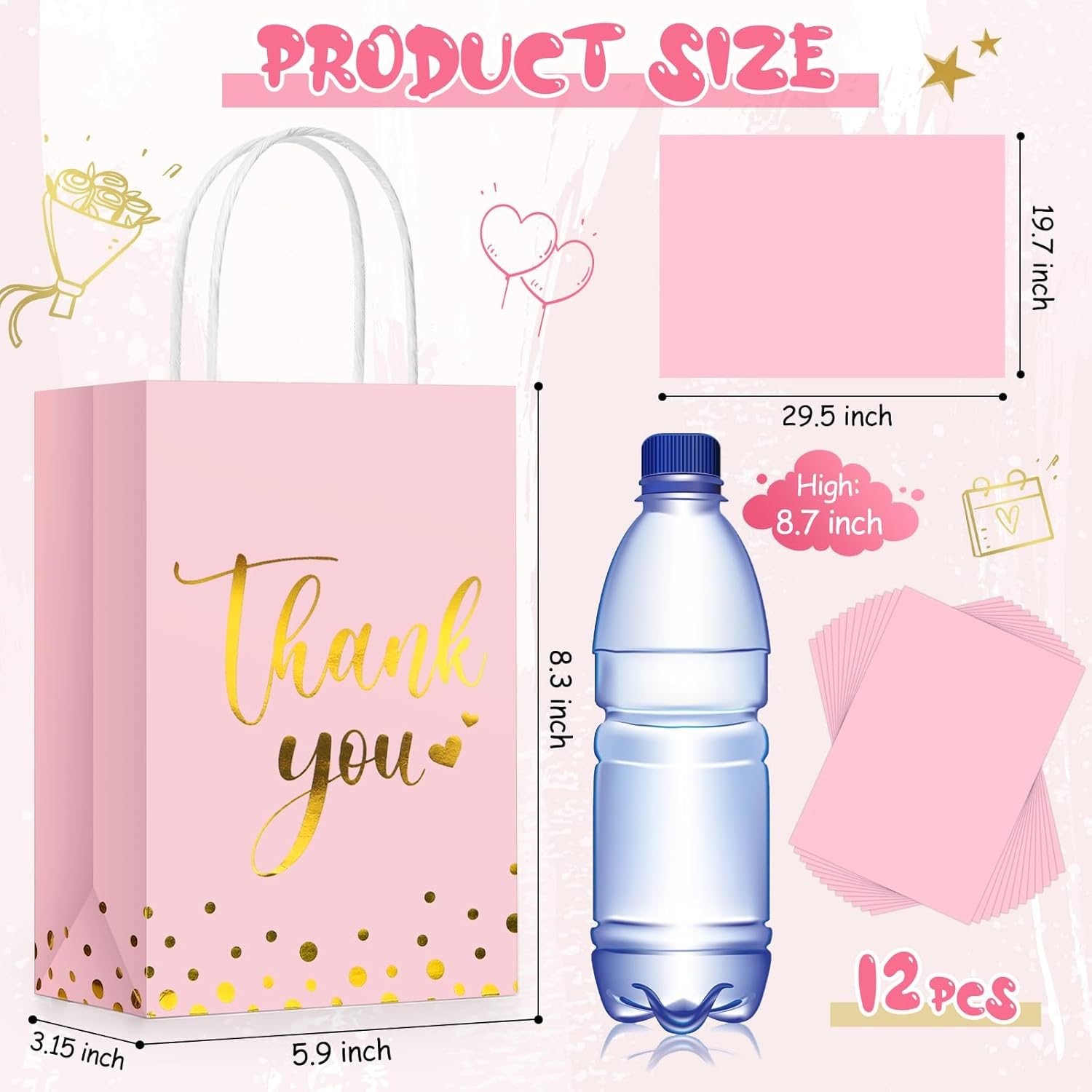 Tinlade 12 Pcs Thank You Gift Bags with Tissue Paper Gold Polka Dots Thank You Bags with Handle Party Favor for Wedding Birthday Baby Shower Business Shopping(Pink) - Image 3