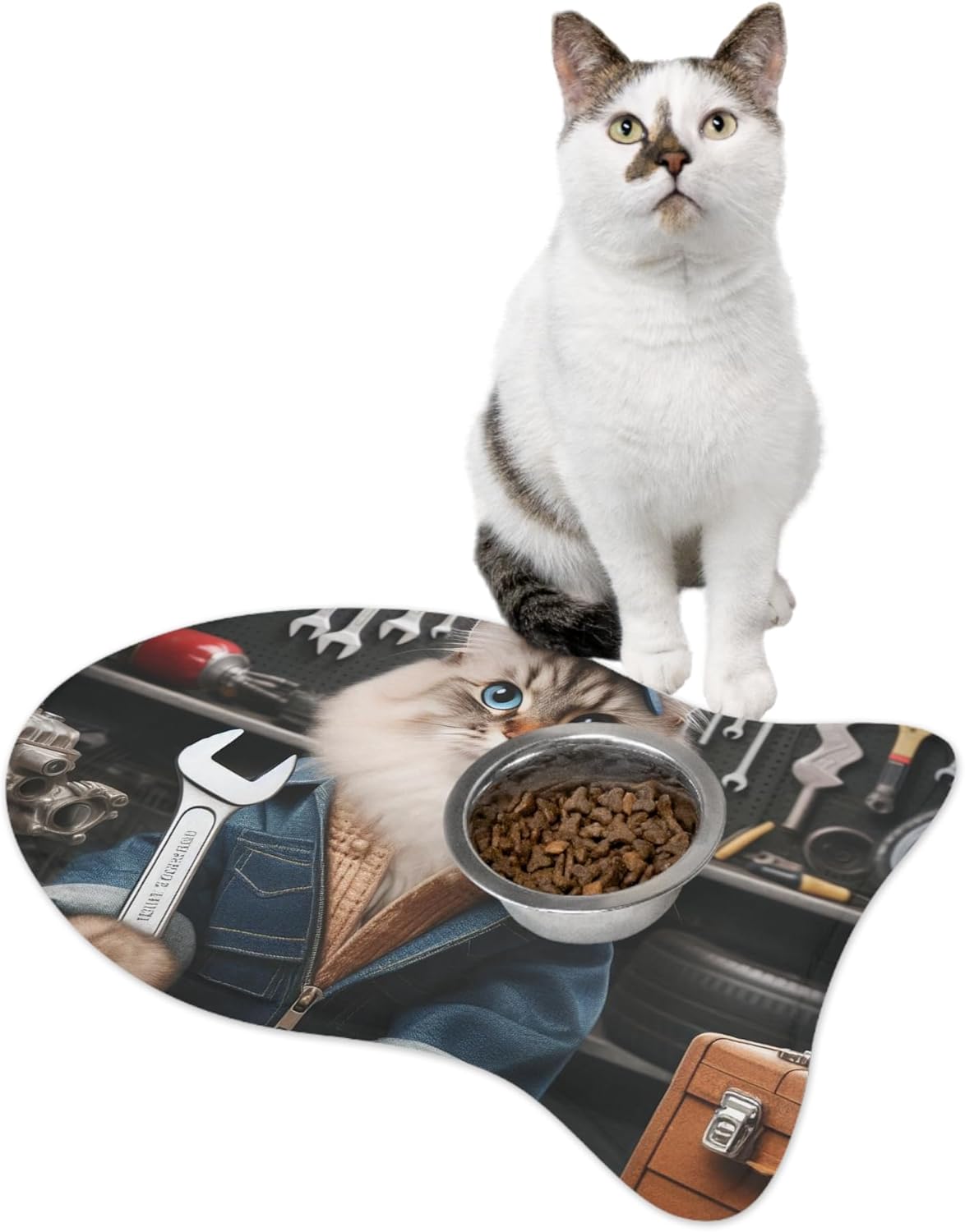 Vibrant Anti-Slip Pet Feeding Mat with Memory Foam Core - Realistic Mechanic Cat Theme