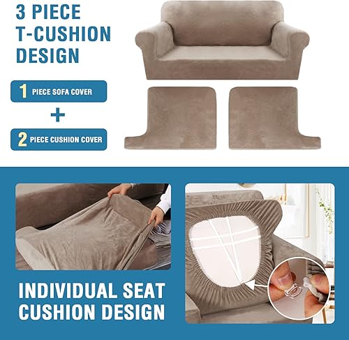 Miniatura 4 de Funda para sofá de 3 piezas, fundas para sofá biplaza con cojines en forma de T, funda para sofá de terciopelo grueso, protector de muebles, fundas
