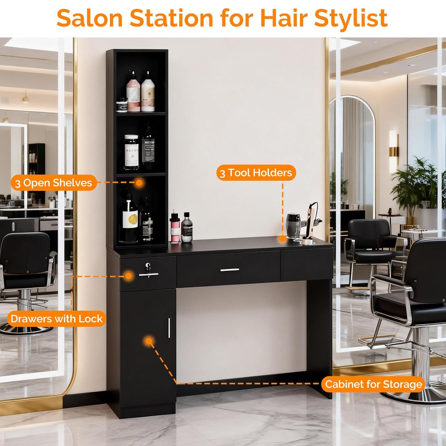 OmySalon Salon Stations for Hair Stylist, Locking Barber Station Organizer, Wall Mount Hair Styling Equipment with 2 Drawers, 1 Storage Cabinet, 3 Open Shelves, for Beauty Spa Hairdresser, Black