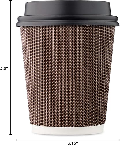 Miniatura 8 de Paquete de 150 tazas de café desechables de 8 onzas, taza de papel de doble pared con tapa, diseño geométrico marrón, té bebidas de chocolate