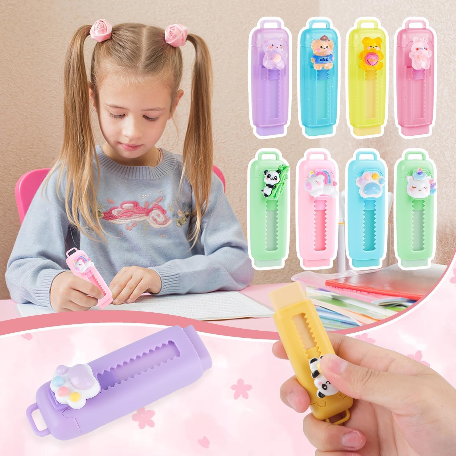 16 Gomme da Cancellare Retrattili per Bambini, Gadget Compleanno Bambini, Motivi 3D Unicorno Panda Orsetto, Gomma da Cancellare, Regalini Fine Festa Scuola 6-10 Anni