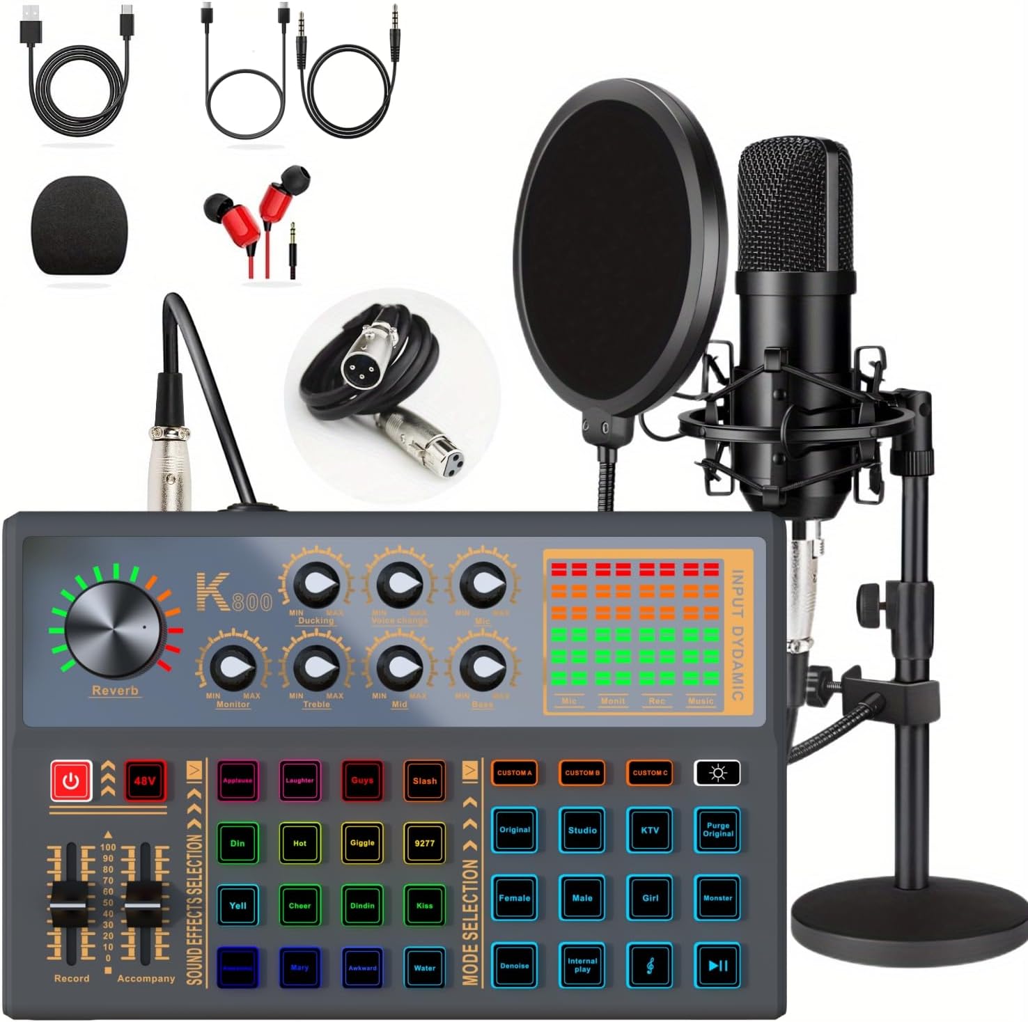 K800 Podcast Equipment Bundle, 48V Phantom Power with XLR Microphone Interface, 3 Customize Sound Pads, Voice Changer with Studio Microphone -Perfect for Recording, Singing, Streaming and Gaming