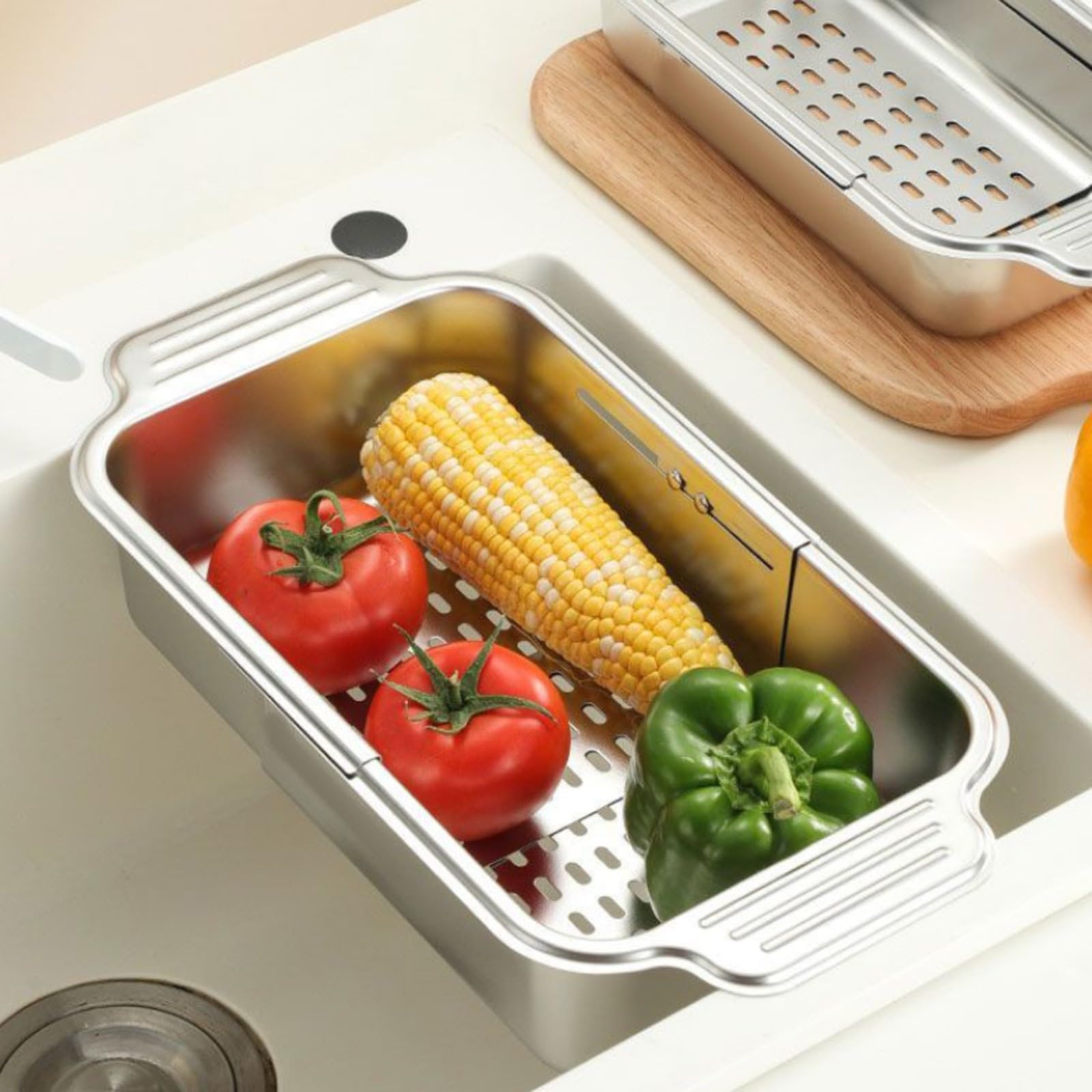 Cestino Drenante da Lavello in Acciaio Inox Regolabile Scolapiatti Rettangolare in Acciaio Inox Robusto Colino per Preparazione Cibi, L