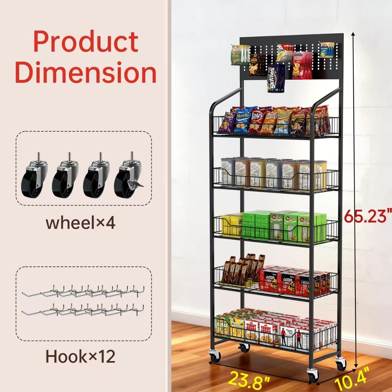 5-Tier Metal Display Rack Large Snack Shelving Unit with Hanging Panels and 12 Hooks 4 Casters for Easy Mobility Freestanding Display Unit Ideal for Supermarkets and Retail Stores (65.23H*23.8W*10.4D)