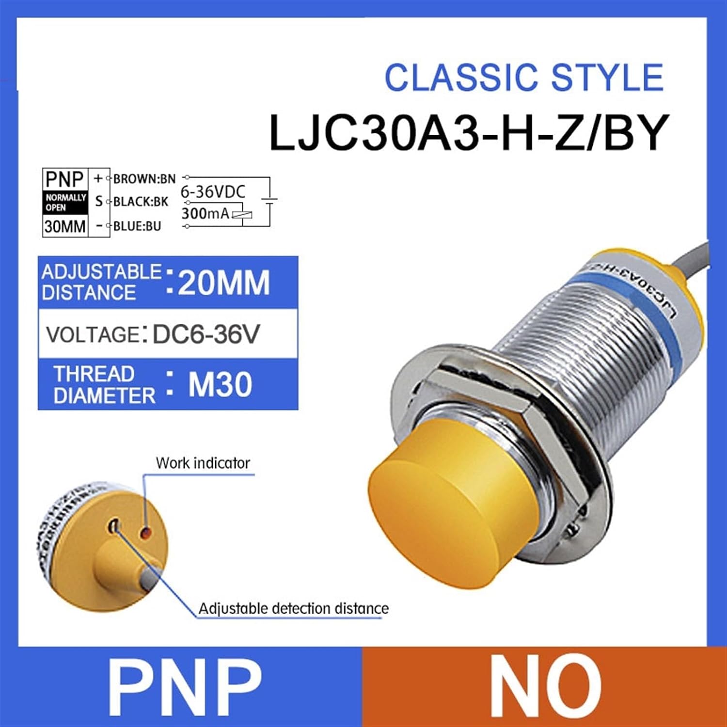Capacitive LJC30A3 BX AX BY AY EZ DZ Inductive Proximity Sensor Switch PNP NPN DC 6V-36V AC 90-250V 20mm M30 (Color : PNP-NO)