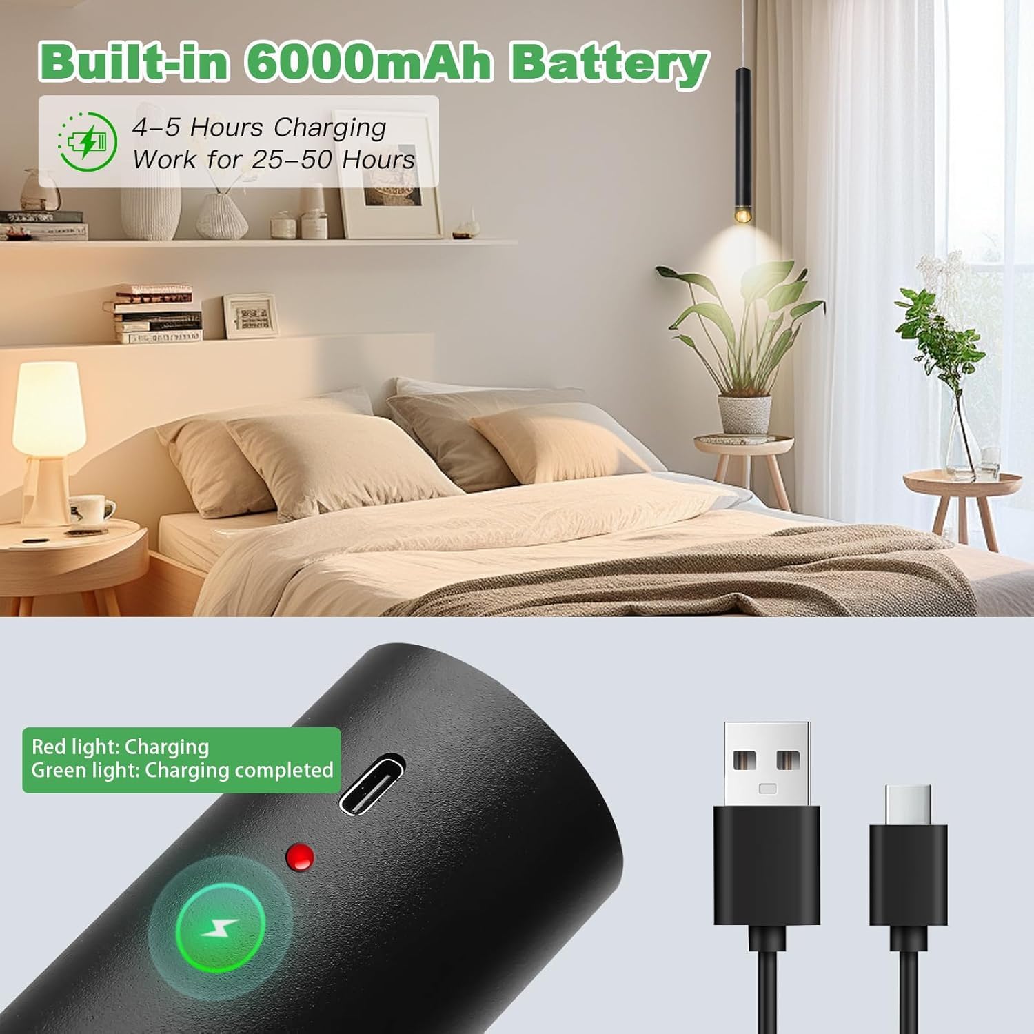 Pendelleuchte Akku 6000mAh Magnetische Hängelampe mit Batterie Wiederaufladbar Dimmbar LED Hängeleuchte Höhenverstellbar Zylinder Innen Beleuchtung für Esstisch Kücheninsel Bar Nachttisch Schlafzimmer