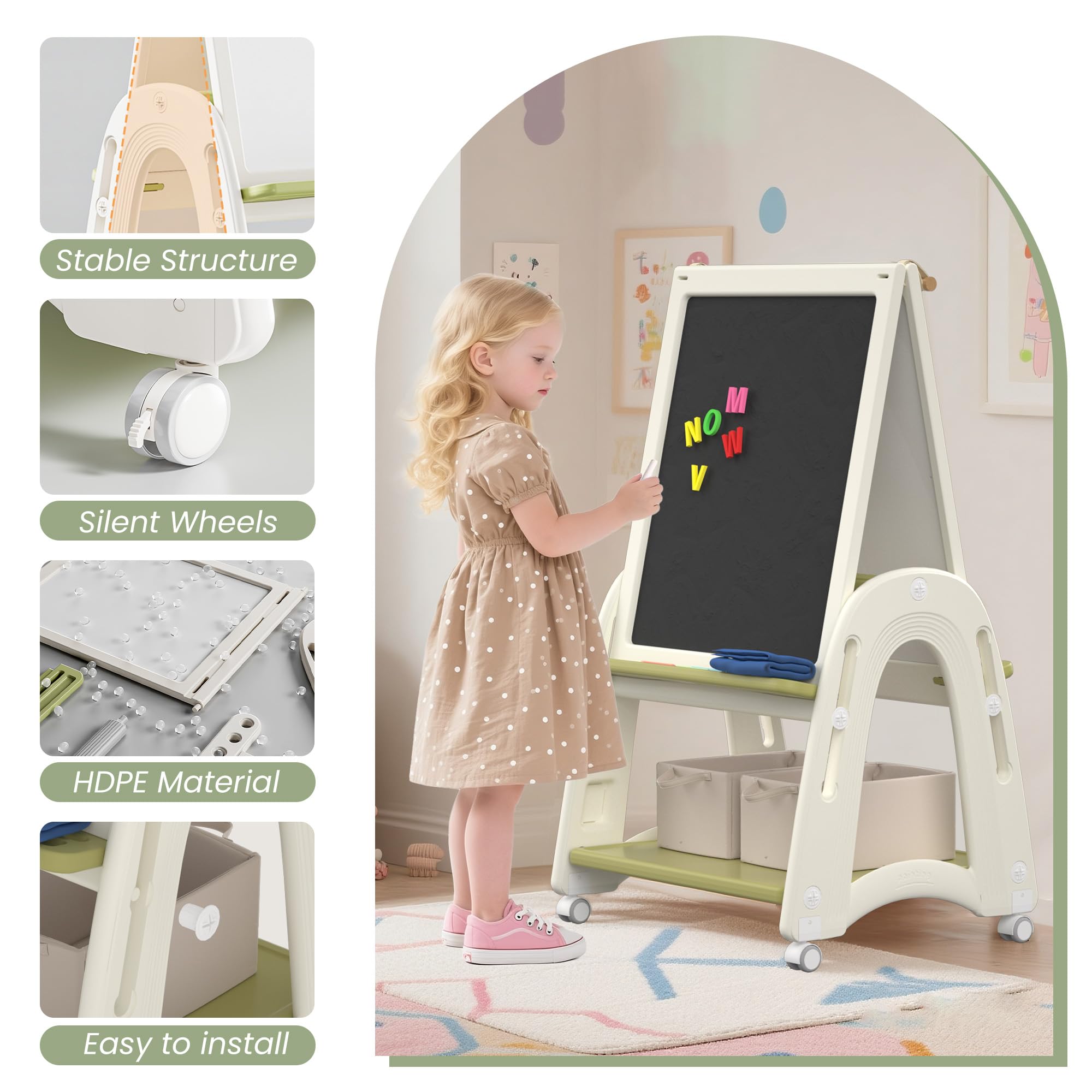 3 in 1 Lavagna per Bambini, Cavalletto per Bambini con Rotolo di Carta, Lavagna Doppia Lato Bianco e Nero, Altezza Regolabile, Cavalletto Mobile, per Ragazzi e Ragazze, Verde