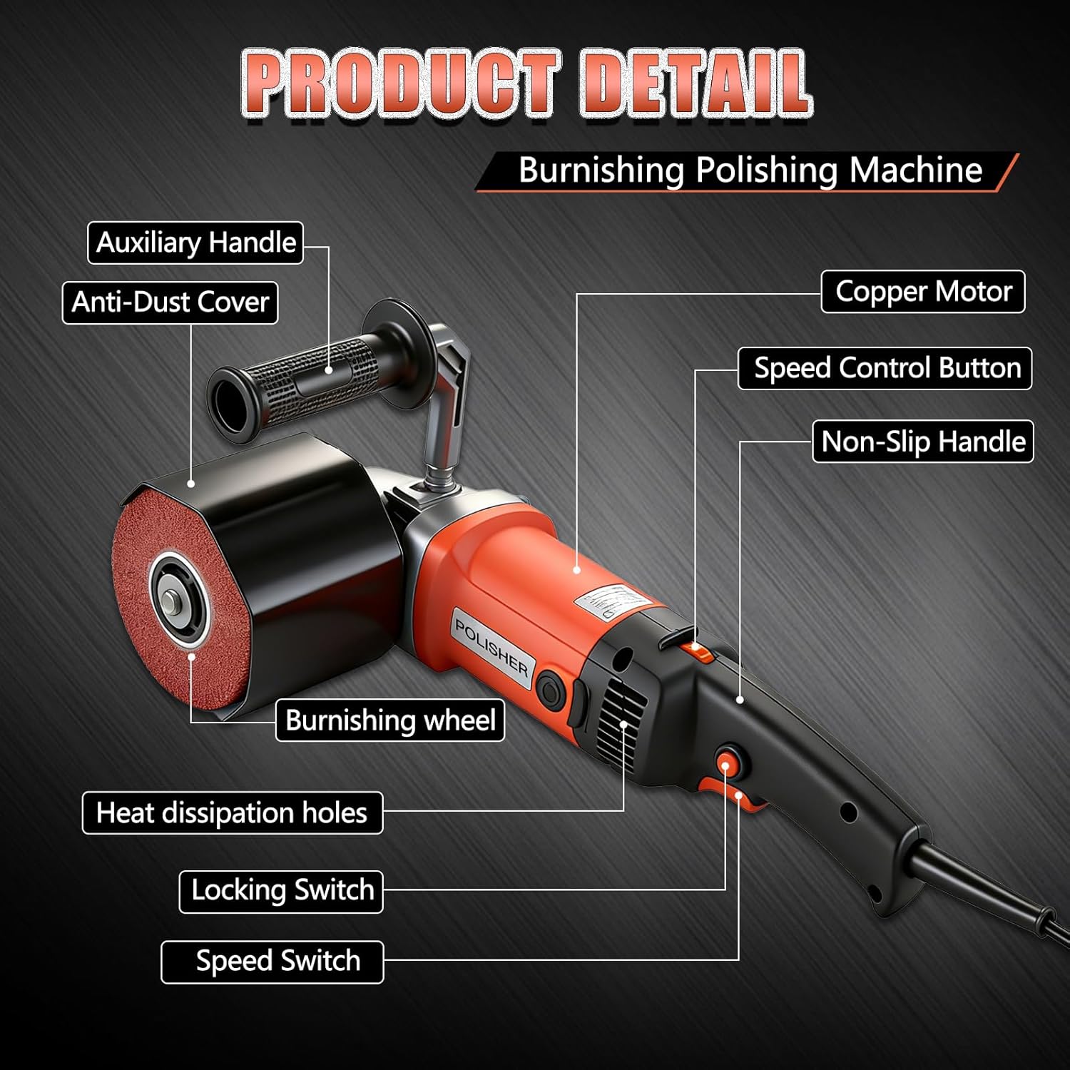 Burnishing Polishing Machine, 1400W Surface Conditioning Tool, 8 Variable Speed Handheld Electric Polisher Set, 110V, US Plug, 3000RPM, Red