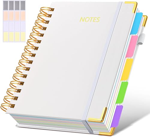 Miniatura 57 de Cuaderno universitario de espiral con tapa dura de cuero de 8 x 10 pulgadas, con pestañas separadoras extraíbles, para 5 materias, a rayas; diario