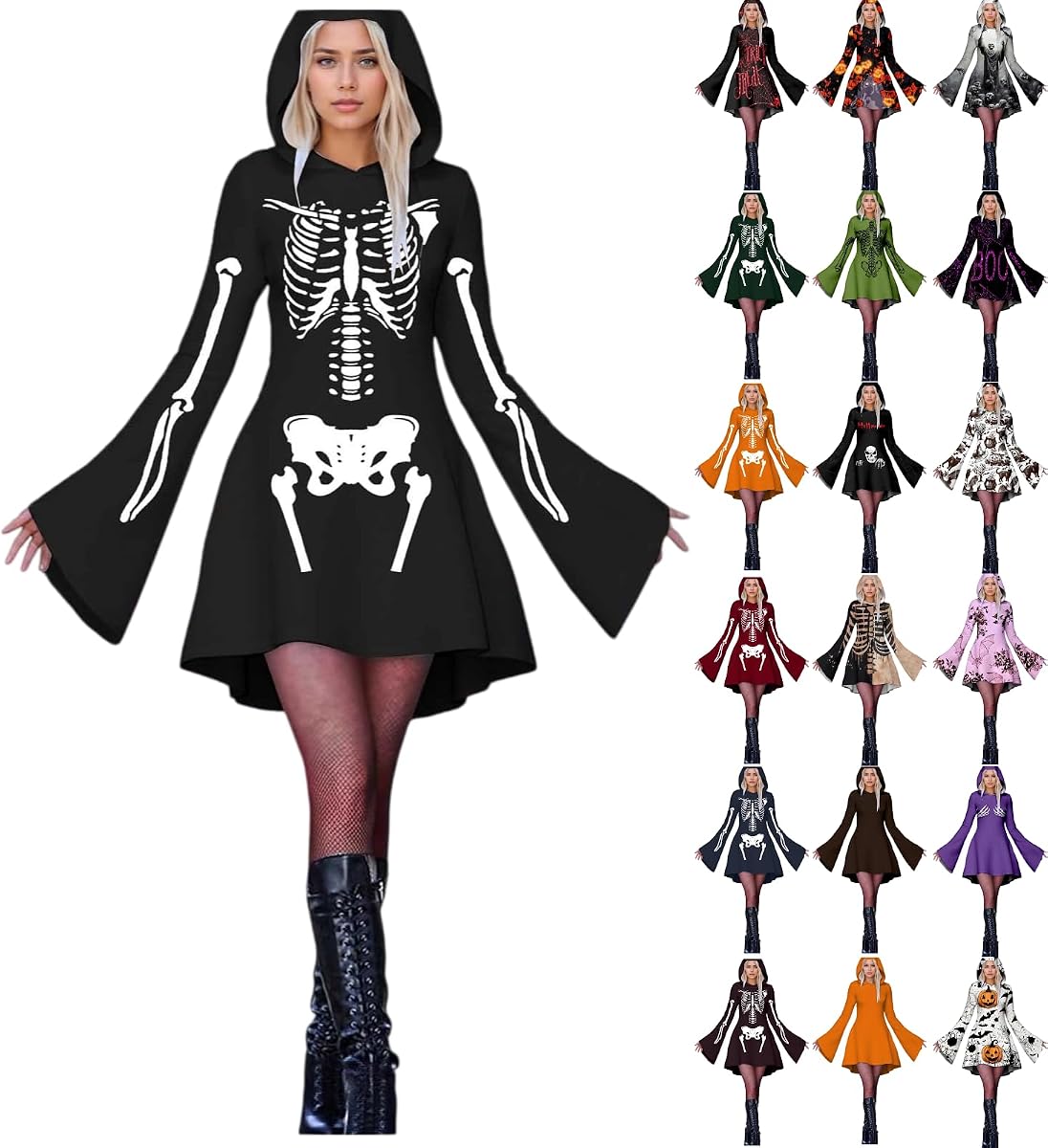 Halloween Dresses for Women Long Sleeve Hooded Witch Dress Skeleton Gothic Funny Adults Vampire Cosplay Party Costume