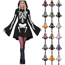 Halloween Dresses for Women Long Sleeve Hooded Witch Dress Skeleton Gothic Funny Adults Vampire Cosplay Party Costume