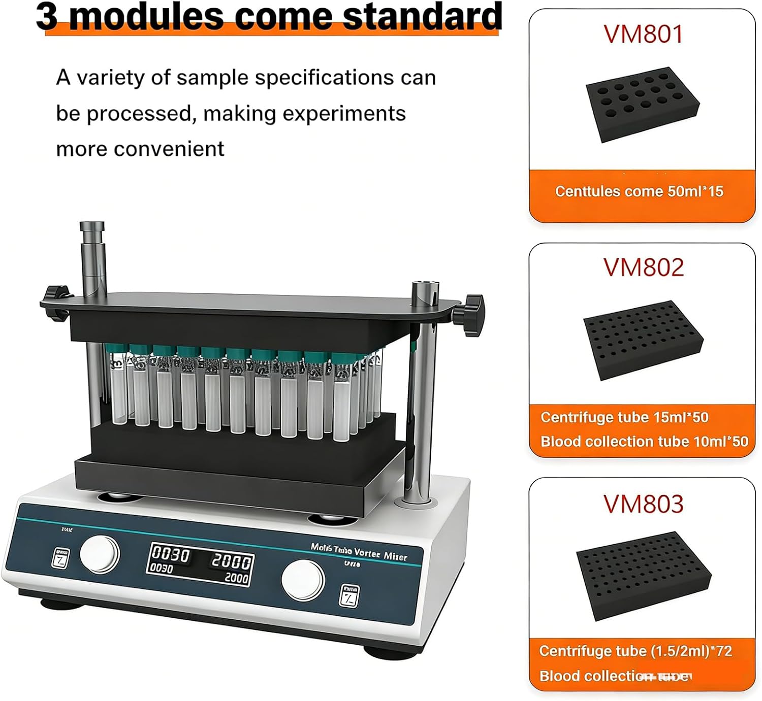 Multi Tube Vortex Mixer,Lab Vortexer Mixer,Speed Range 500-3000 RPM,Processing Capacity 1.5ml/2ml/5ml/10ml/15ml/50ml,for Sample Mixing Medical Experiments