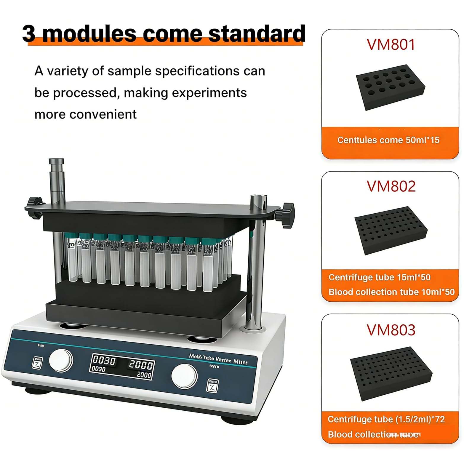 Mezclador Vórtice De Laboratorio Con Capacidad Para Tubos De 1,5Ml a 50Ml, Mezclador Vórtice Multitubo Con Agitador, 500-3000Rpm, 3 Módulos, Agitador De Sobremesa Estable Para Aplicaciones Químicas
