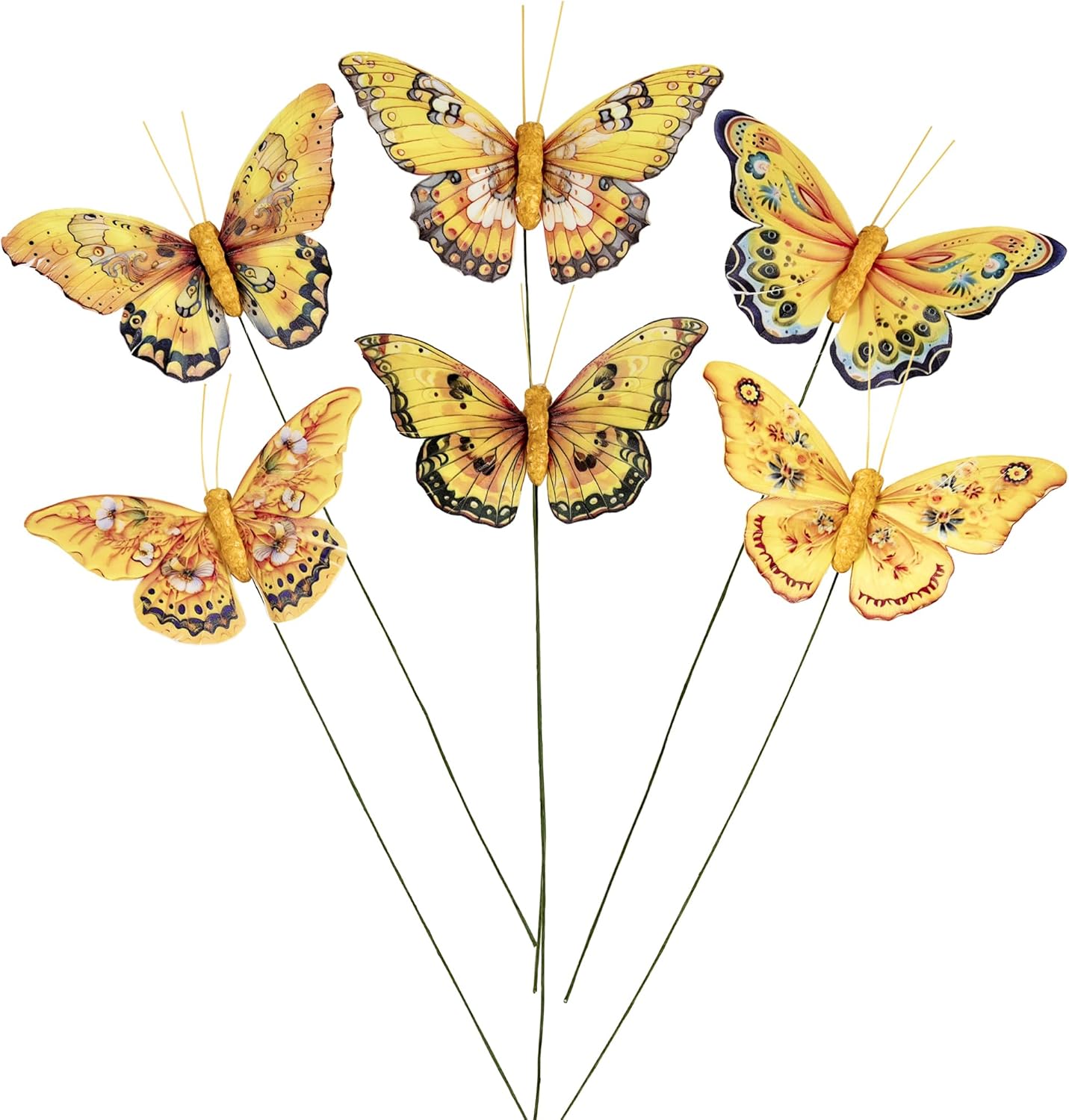Berfutall-Artificial Feather 3D Butterfly Party Decorations Set of 12 with Wire 6 Color Yellow Series Ornaments for Home Decoration