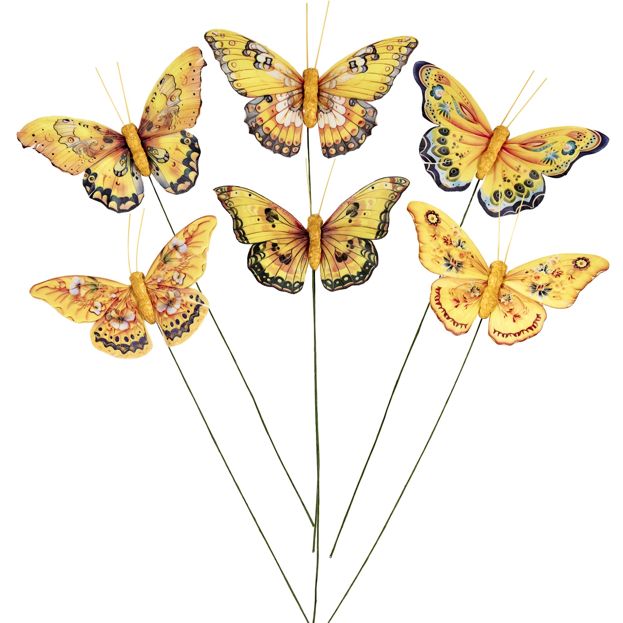 Berfutall-Artificial Feather 3D Butterfly Party Decorations Set of 12 with Wire 6 Color Yellow Series Ornaments for Home Decoration