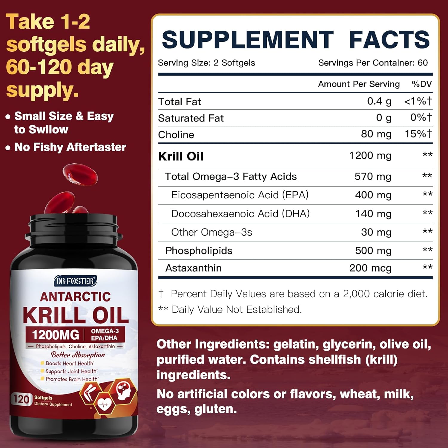Krill Oil 1200mg, Antarctic Krill Oil Omega 3 Supplement with EPA, DHA，Astaxanthin & Phospholipids for Heart & Brain & Joint Health, No Fishy Aftertaste,120 Softgels (60 Servings) - Image 7