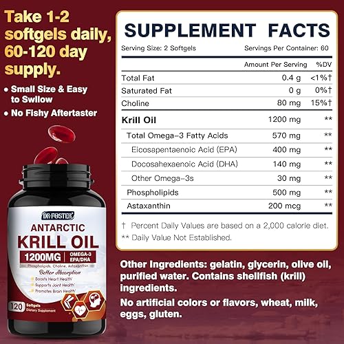Miniatura 7 de Aceite de krill de 1200 mg, suplemento omega 3 de aceite de krill antártico con EPA, DHA, astaxantina y fosfolípidos para la salud del corazón, el