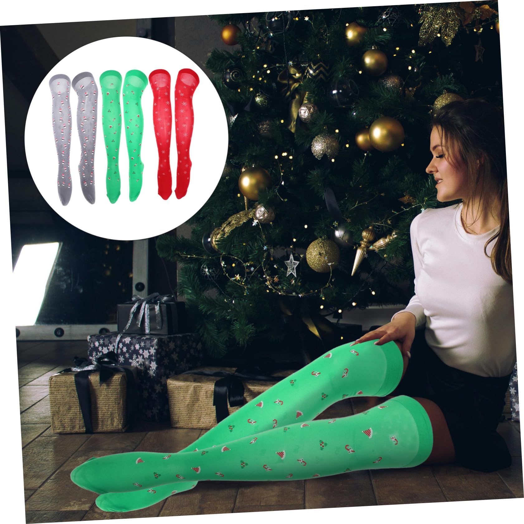 3 Pares Calcetines Navideños para Mujer Sobrecorte con Estampados de Santa y de Medias Transpirables y Decorativas para Fiesta y Regalo