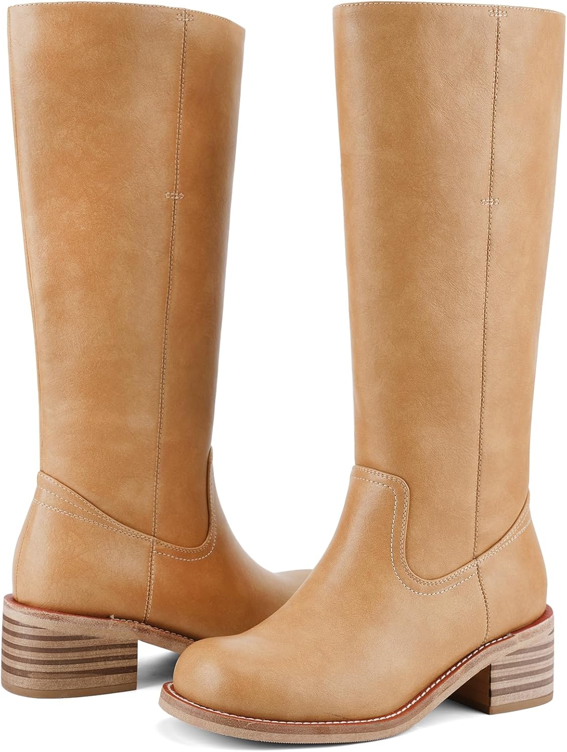 UBWDU Women's Knee High Boots Chunky Block Heel Long Boots Square Toe Low Heel Boots for Women