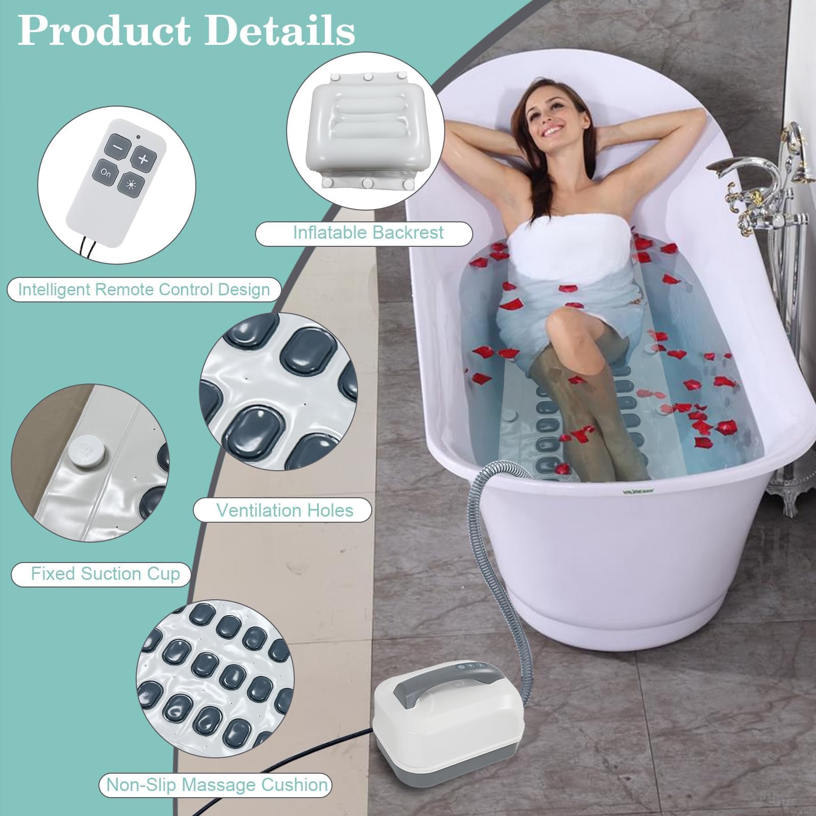 Tapis de bain électrique à bulles portable avec bulles réglables, design antidérapant et ventouses