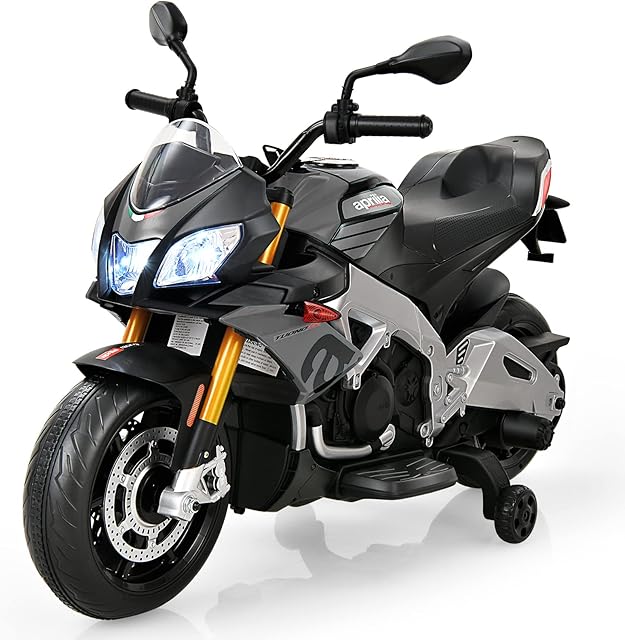 COSTWAY Kids Electric Motorbike, 12V Battery Powered Children Ride on Motorcycle with Training Wheels, LED Lights, Music and Key Ignition, Outdoor Play Toy Gift for 3 Years Older (Grey)