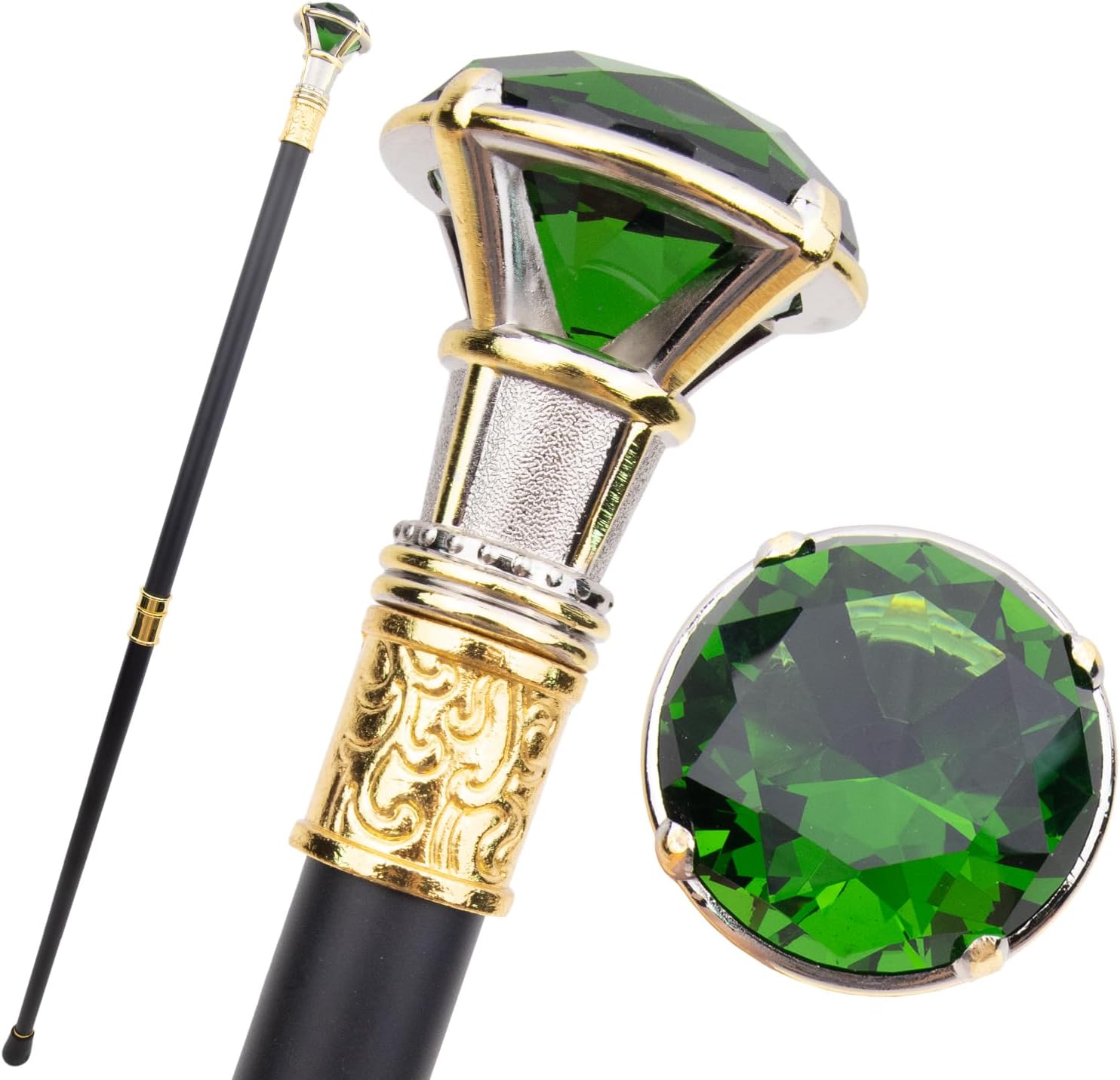 Green Diamond Type Golden White Walking Cane Fashion Decorative Walking Stick Gentleman Elegant Cosplay Cane Knob Crosier 90cm