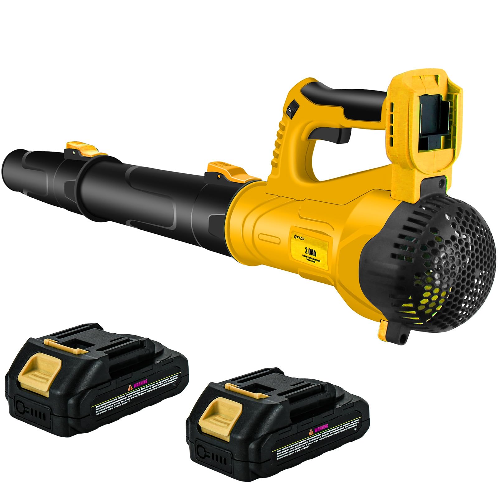 Soplador de hojas inalámbrico con 2 baterías y cargador rápido, modo de 6 velocidades, soplador de jardín para césped, jardines, patio, cubierta, nieve, limpieza de hojas, velocidad variable (amarillo
