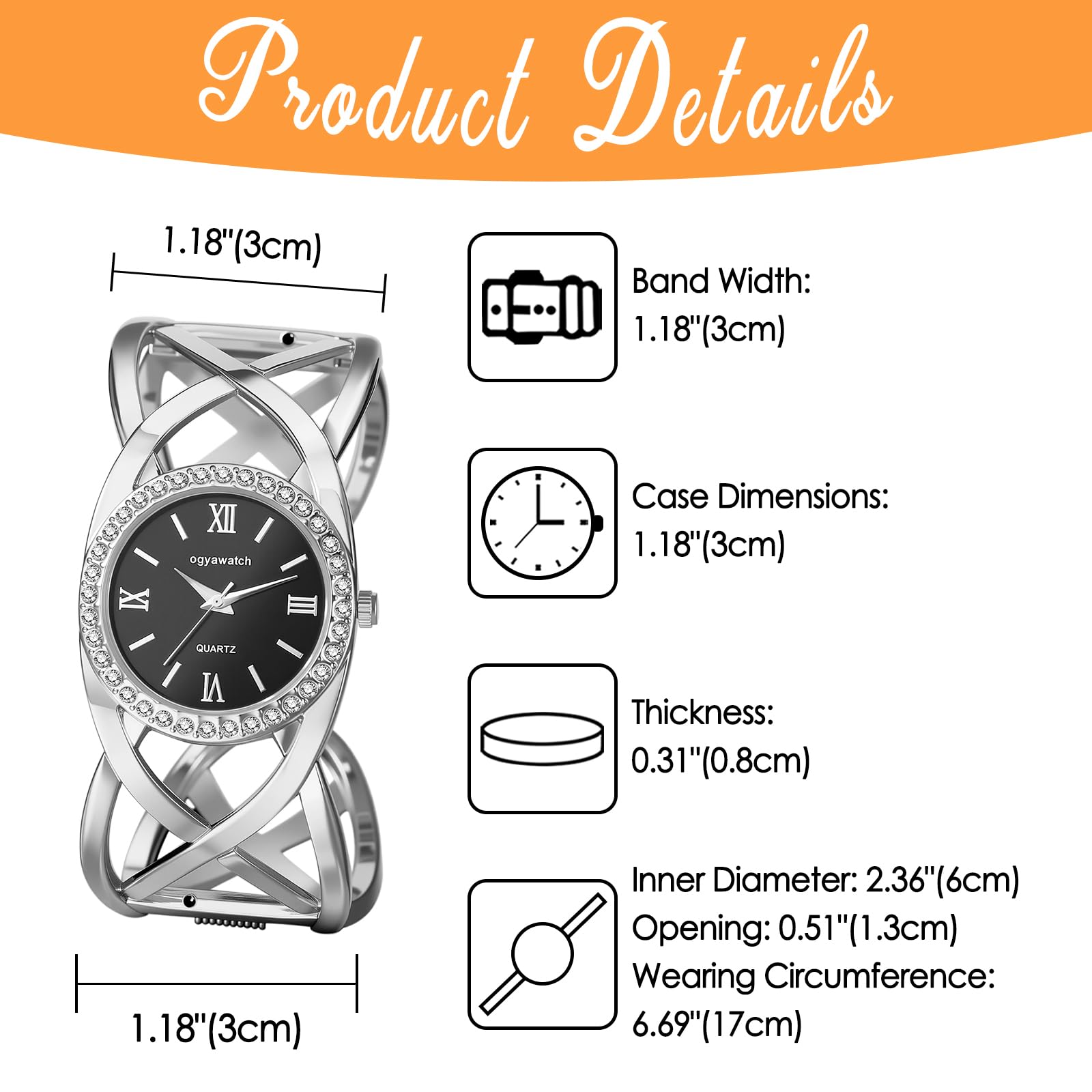 JewelryWe Reloj de pulsera gruesa para mujer: reloj de pulsera abierta de acero inoxidable en tono dorado, esfera analógica de cuarzo fácil de leer con números romanos con detalles de circonita cúbica