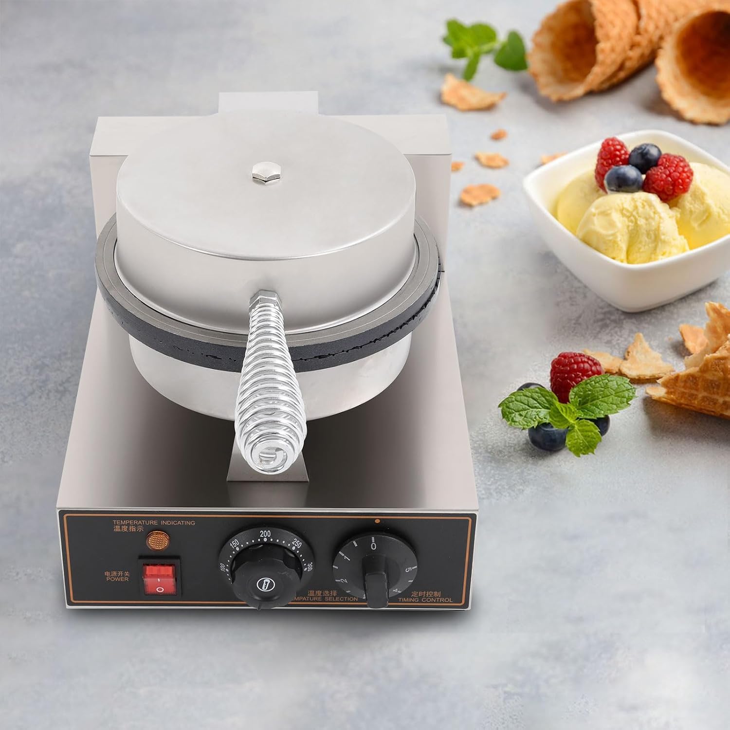 Commercial 1200W Electric Ice Cream Cone & Waffle Maker Machine - Stainless Steel with Cone Mold, Precise Temp 122-572°F & Time (0-5min) Control - for Restaurant, Bakery, Home Use, 110V