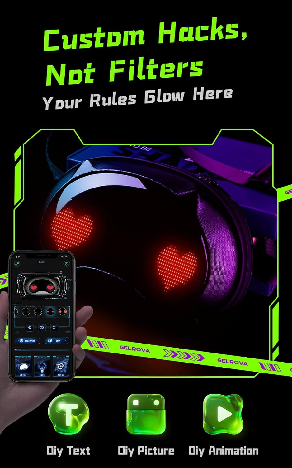 Gelrova LED Crossbody Bag, Cyber Light Up Fanny Pack with APP-Controlled LED Display, Stylish Sling Bag with Moving Eyes, Cat Silhouette Model