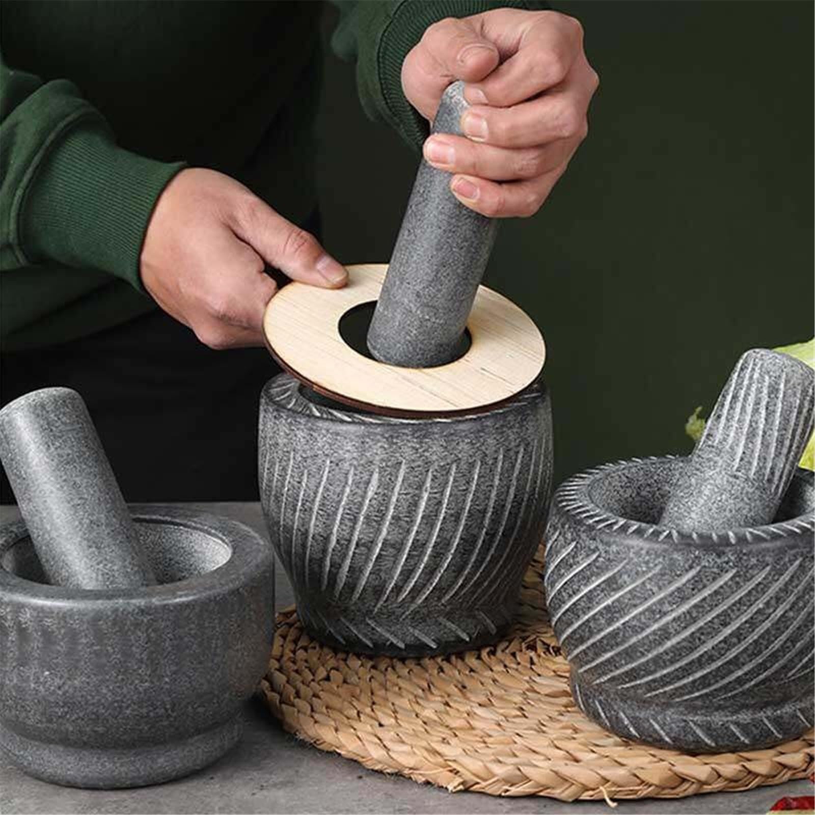 Pratico Set di mortaio e pestello in granito pesante for spezie, condimenti, paste, pesto
