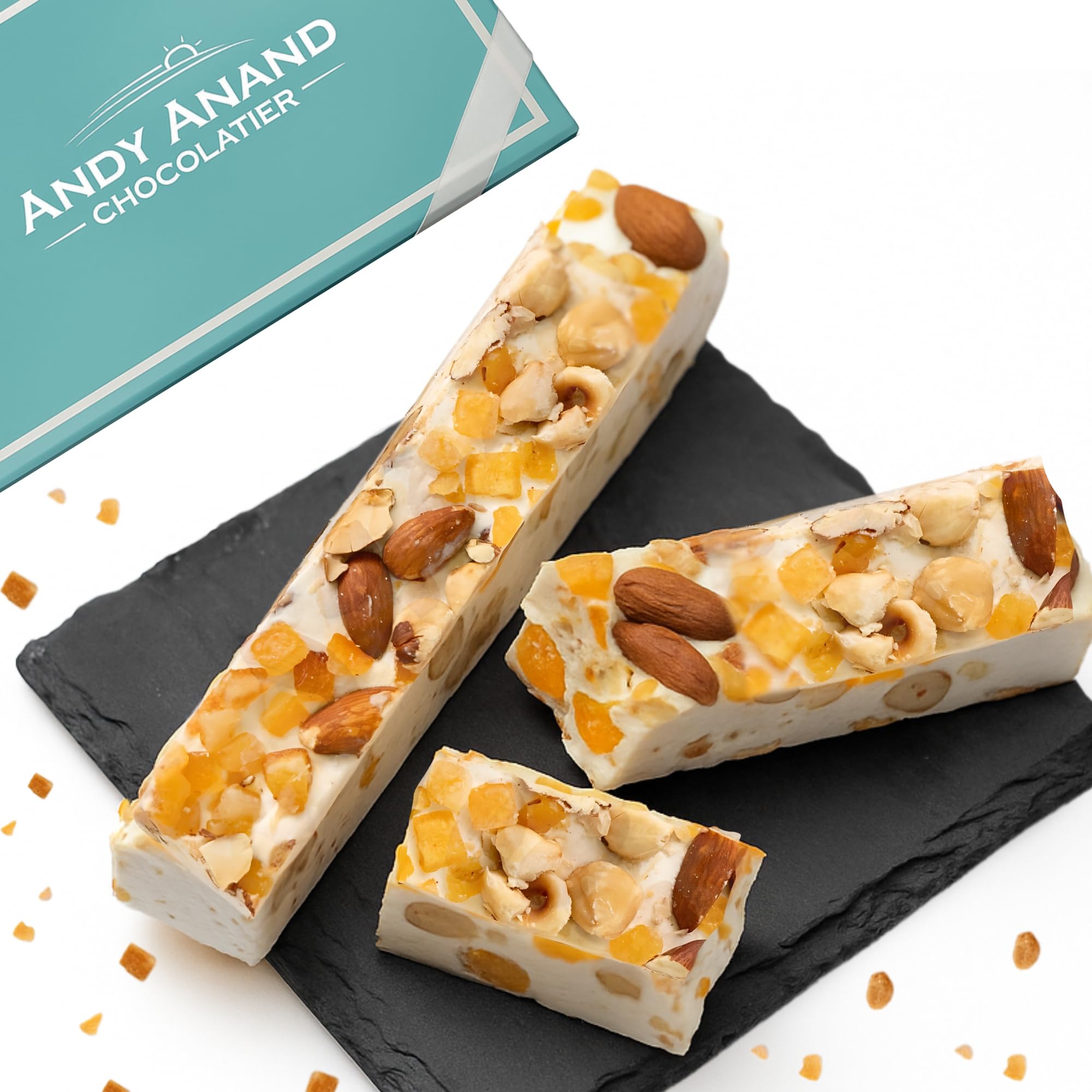 ANDY ANAND CHOCOLATIERGluten Free Snacks – Orange Peel Soft Nougat Brittle Candy from Spain with Wildflower Honey & Roasted Almonds – Vegan Snack, Dairy & Soy Free, Healthy Sweet Treat (7 Oz)