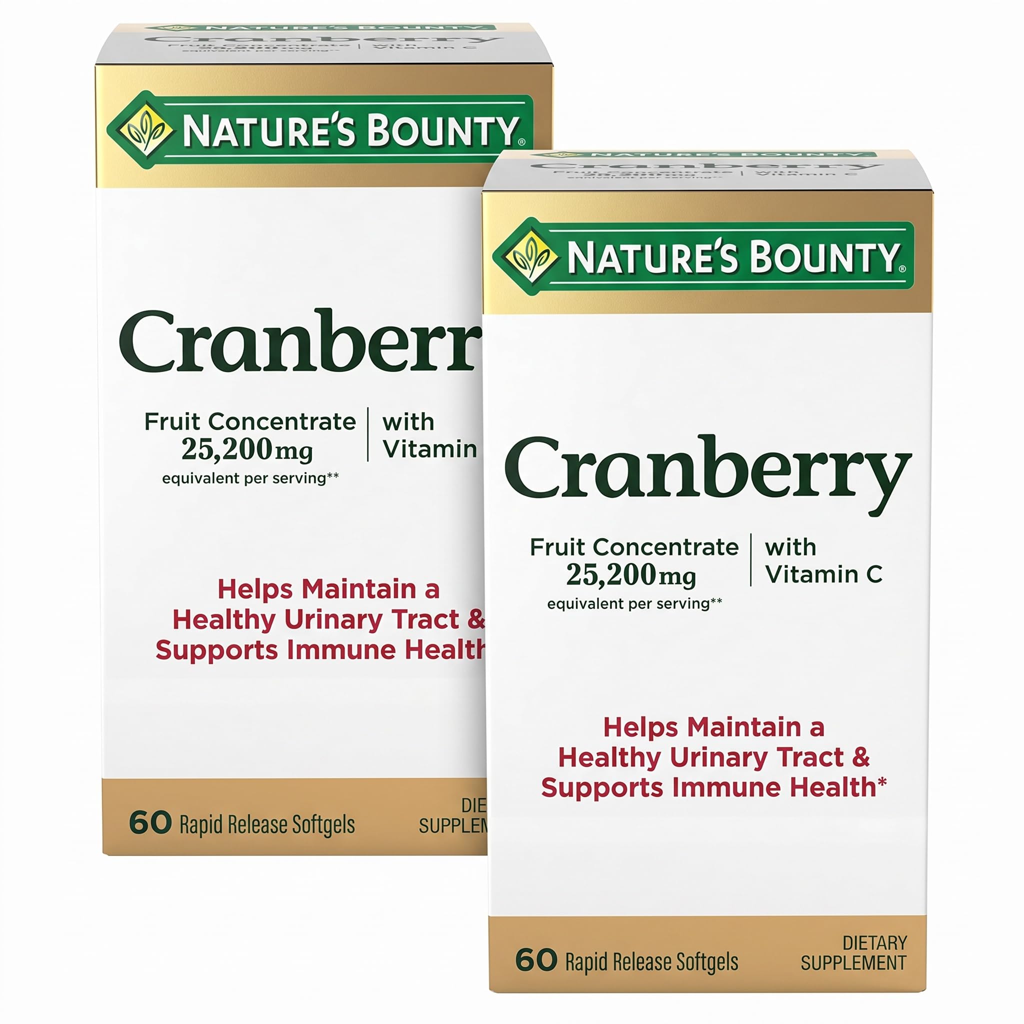 Nature's Bounty Cranberry Concentrate w/Vitamin C, Dietary Supplement, Supports Urinary Tract and Immune Health, 25200mg, 60 Rapid Release Softgels (Pack of 2)