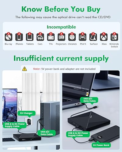 Miniatura 7 de PeroBuno Unidad externa de CD y DVD, unidad de disco óptico USB 3.0, 4 puertos USB y 2 ranuras para tarjetas TFSD, grabadora de CD y DVD,