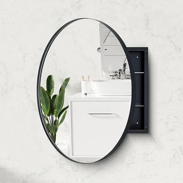 28 Inch Round Medicine Cabinet with Mirror - Metal Frame Bathroom Medicine Cabinet with Storage and Adjustable Glass Shelves – Space-Saving, Stylish & Functional Storage Solution for Modern Bathrooms