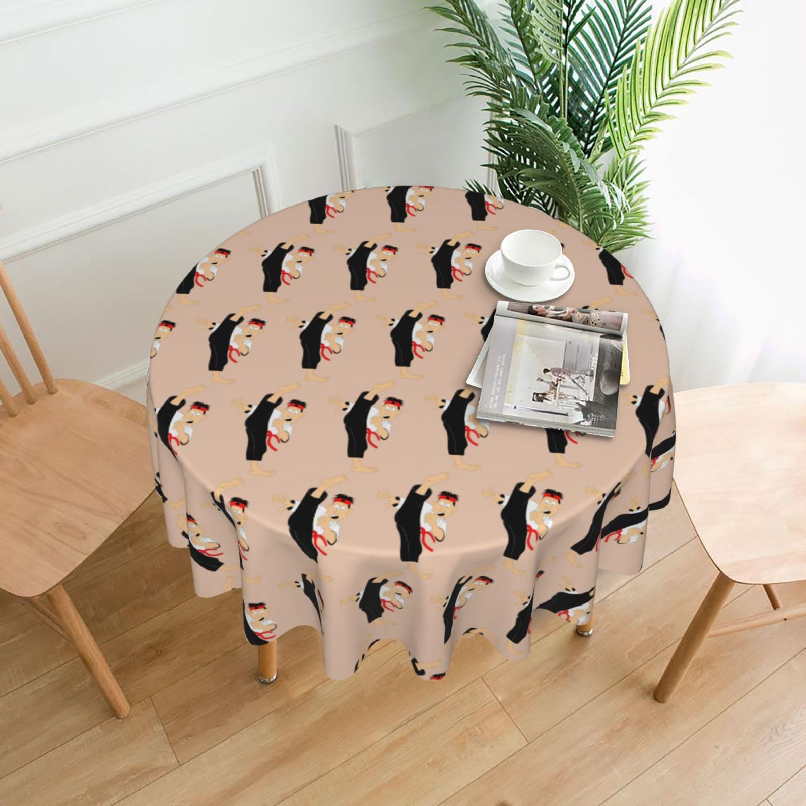 SDEGTHO cartoon karate Print Modern Retro Round Tablecloth 60in Polyester Fabric Cover for Party Dining Table Washable