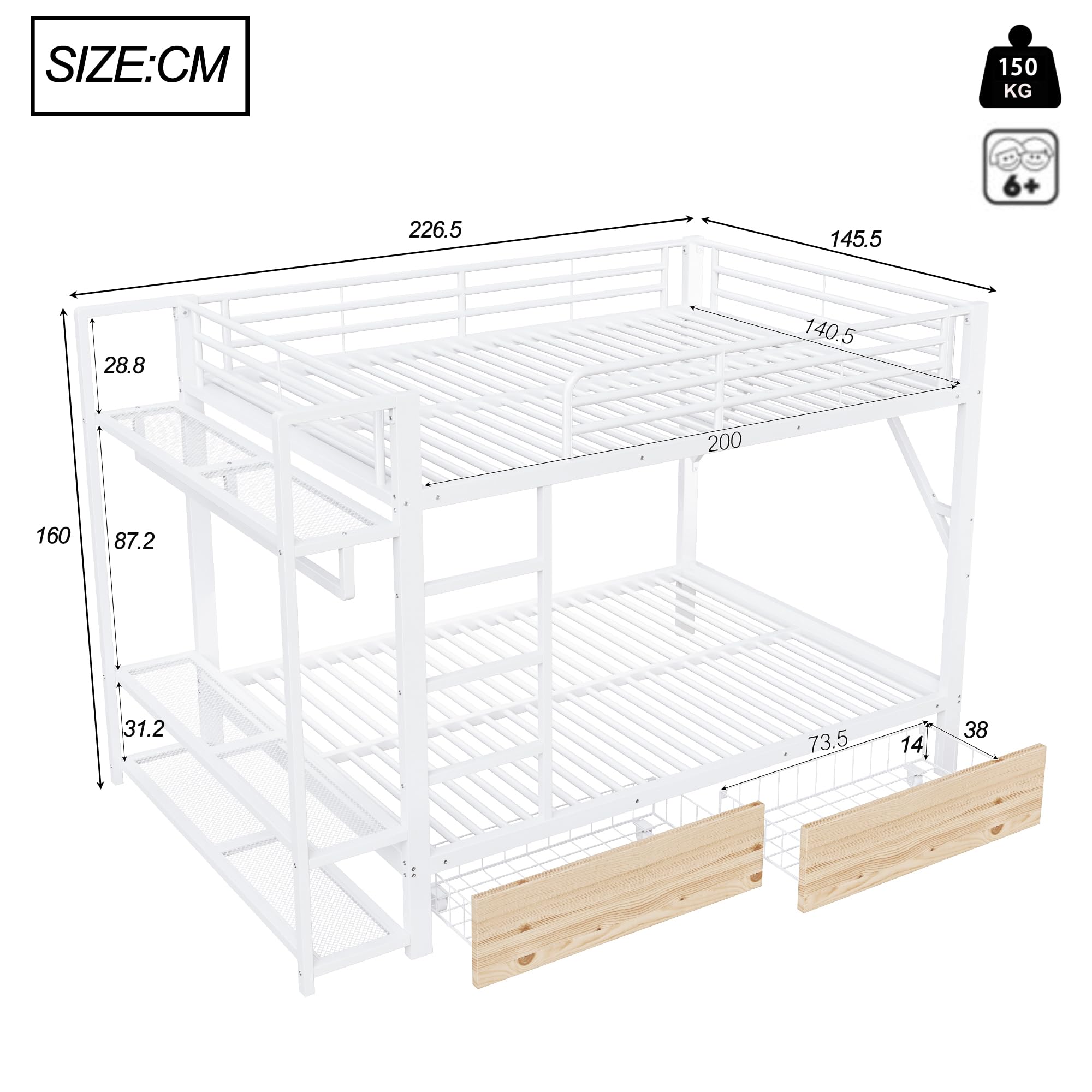 Letto a soppalco 140x200cm con striscia luminosa a LED e appendiabiti,metallo letto a castello con 2 cassetti e ripiani multipli,ferro letto matrimoniale,letti per ado,senza materasso,Bianco