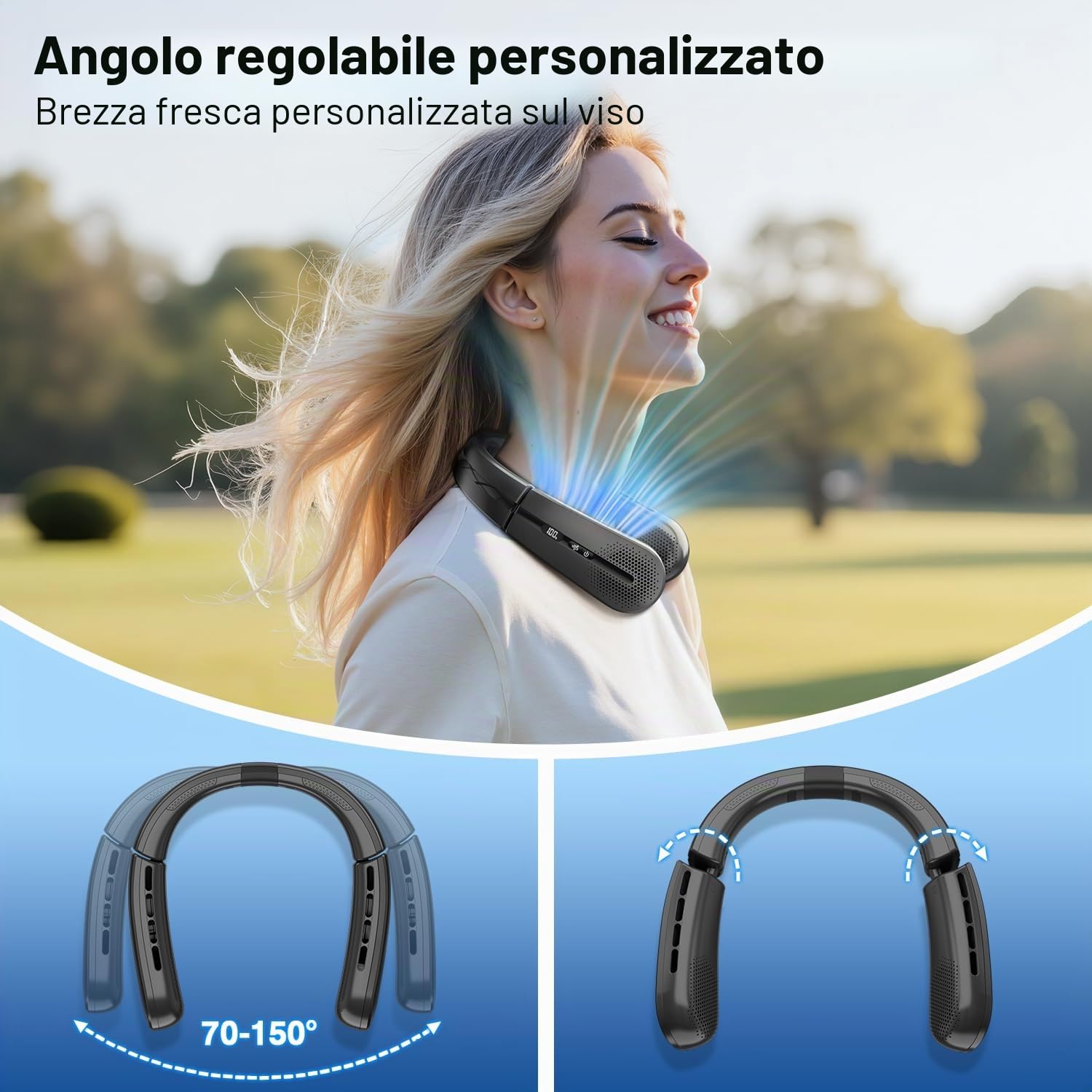 ChillGo - Ventilatore da collo senza pale da 5200 mAh, condizionatore per collo, ventilatore portatile ricaricabile, max 12 ore, 4 motori, pieghevole, ottimo regalo per uomo e donna, nero