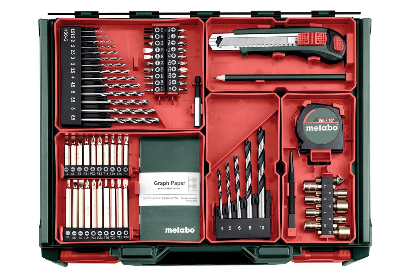 metabo Akku-Bohrschrauber BS 18 L Set, 18V Bohrschrauber mit 60 Nm & | Mobiler Akku-Schrauber im Koffer, Inkl. 2x 2,0 Ah Li-Power Akkus, Ladegerät, Bits, Bohrer, Messer & Maßband