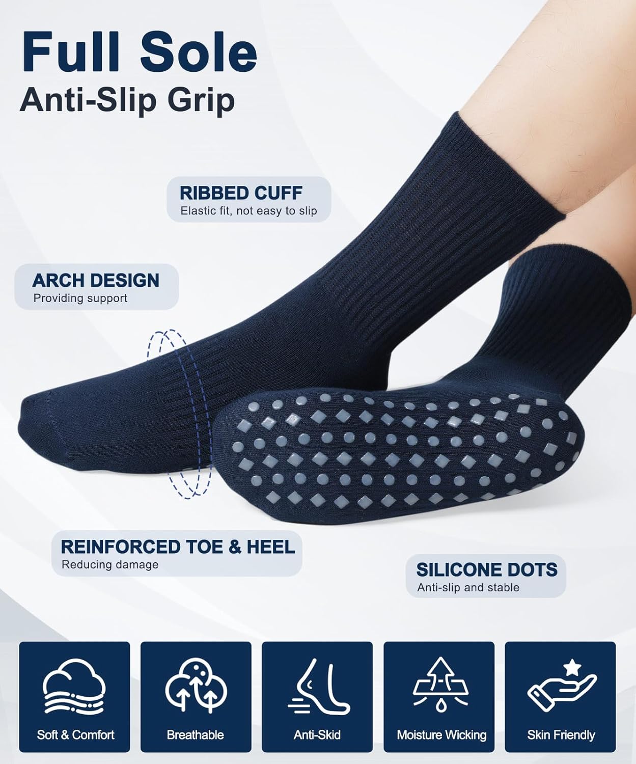 Horuru Non Slip Grip Socks for Men Women Crew Grippy Socks for Hospital Pilates Yoga,Gifts for Seniors Elderly - Image 4