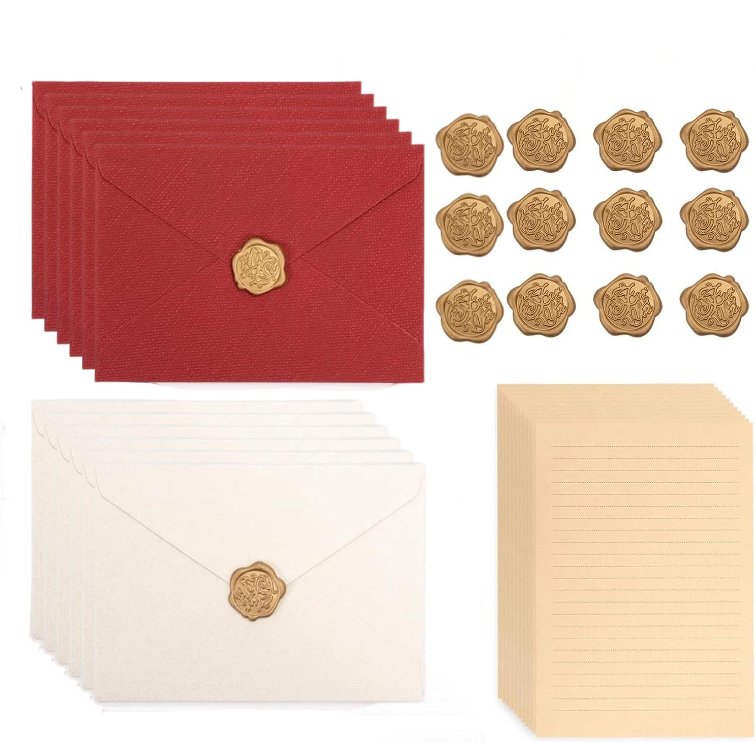 44Pcs Writing Paper and envelopes,Letter Writing Set,12 Gift Envelope,20 Sheets of Letter Paper、12 self-Adhesive Sealing Wax Stickers.Ideal for Birthdays, Wedding Invitations,Invitations、Love Letters