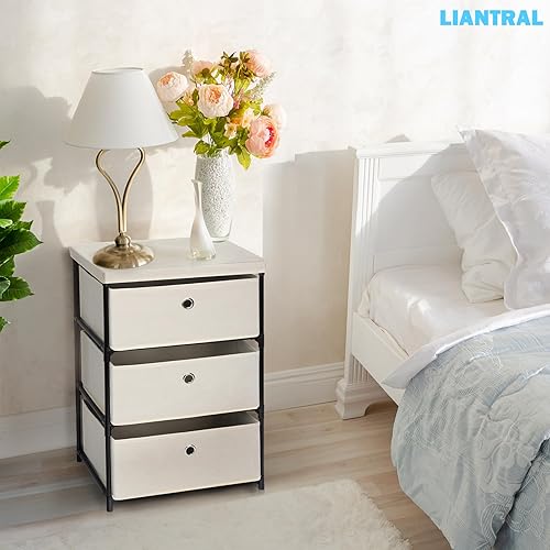 Miniatura 2 de LIANTRAL Cómoda ligera para mesitas de noche, 3 cajones, cómoda de tela beige con estante beige, unidad organizadora de cofres de torre de
