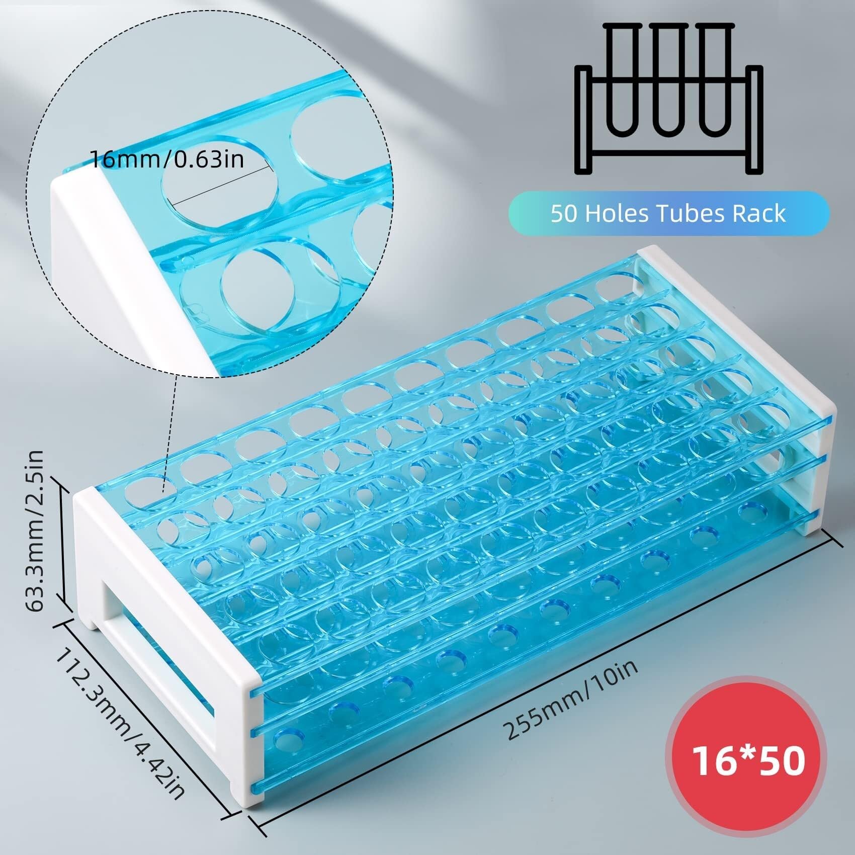 Estante de tubo de prueba de acrílico, Gradilla de tubos ensayo plástico azul for 16 mm, 50 orificios, soporte laboratorio for aula